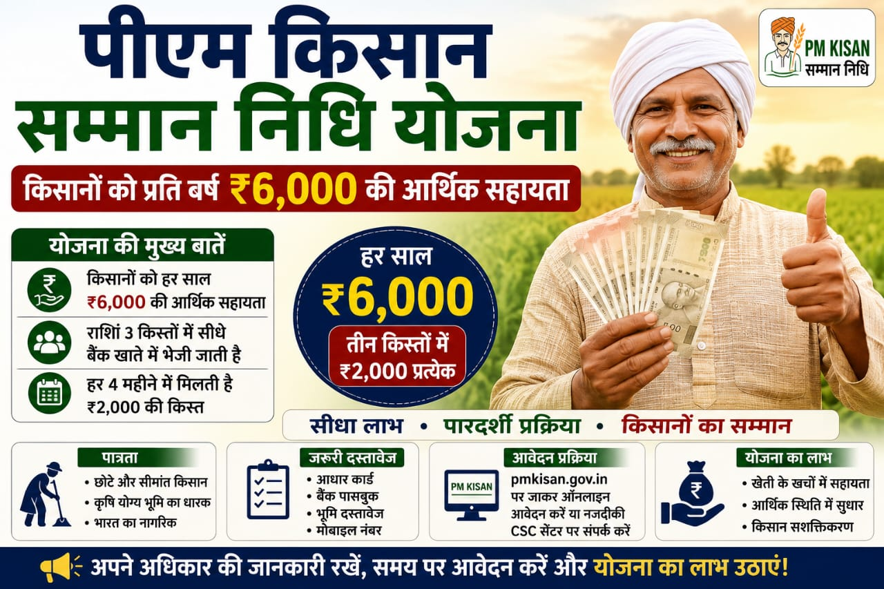 पीएम किसान सम्मान निधि योजना 2026: किसानों को हर साल ₹6,000 की आर्थिक सहायता, जानें पात्रता, आवेदन प्रक्रिया और किस्त की पूरी जानकारी: