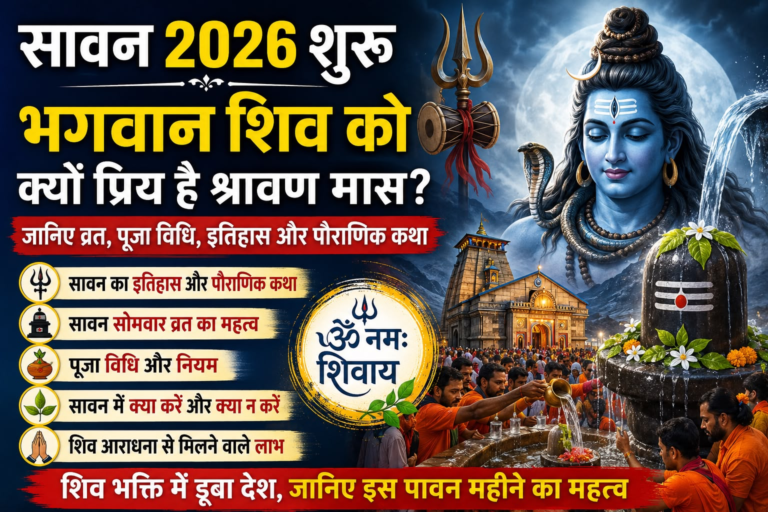 सावन 2026 की शुरुआत हो चुकी है। जानिए भगवान शिव को समर्पित श्रावण मास का महत्व, व्रत की विधि, पूजा, इतिहास, पौराणिक कथा और धार्मिक मान्यता।