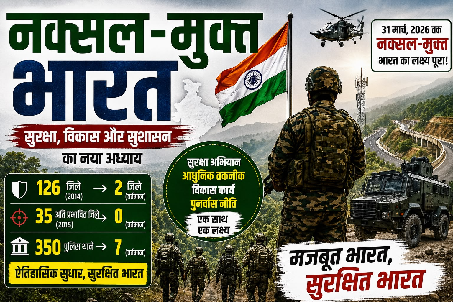 जानें नक्सल-मुक्त भारत अभियान की प्रमुख उपलब्धियां, सुरक्षा सुधार, आधुनिक तकनीक, पुनर्वास नीति, विकास कार्य और भविष्य की चुनौतियां।