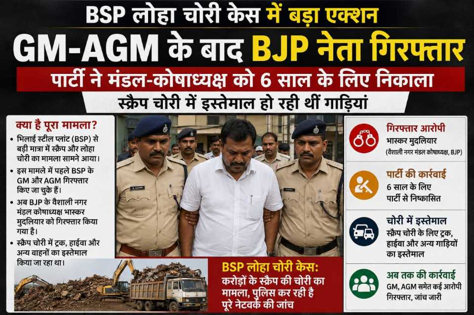 BSP लोहा चोरी केस में बड़ा एक्शन: GM-AGM के बाद BJP नेता गिरफ्तार, पार्टी ने 6 साल के लिए किया निष्कासित