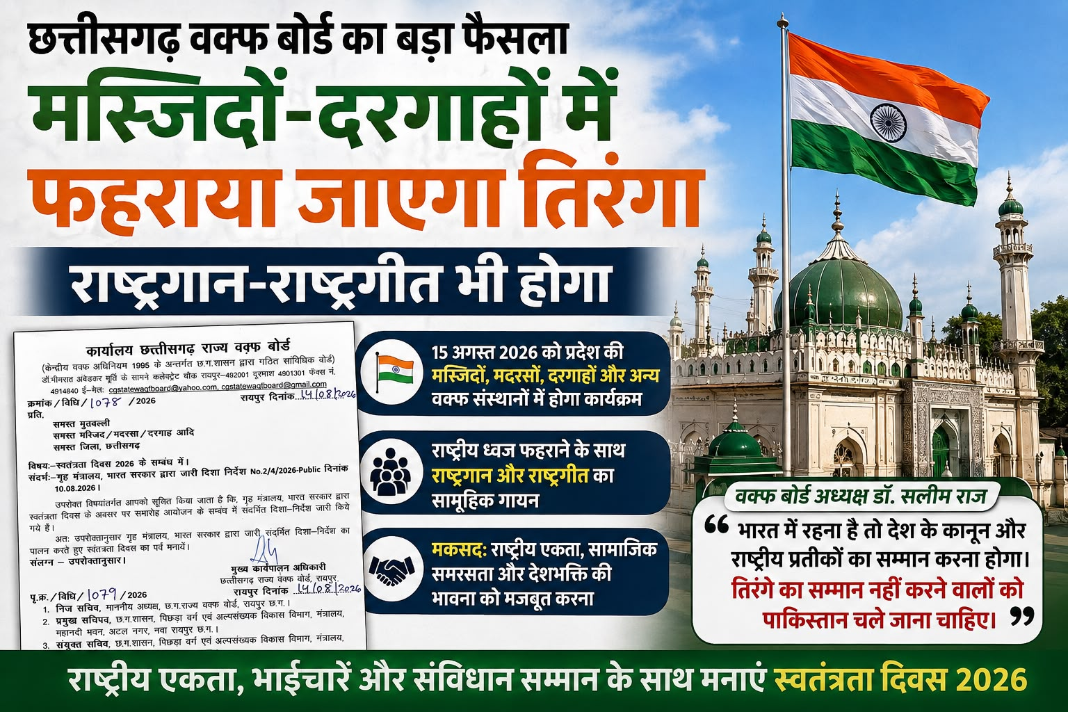 छत्तीसगढ़ की मस्जिदों-दरगाहों में फहराया जाएगा तिरंगा, राष्ट्रगान-राष्ट्रगीत भी होगा