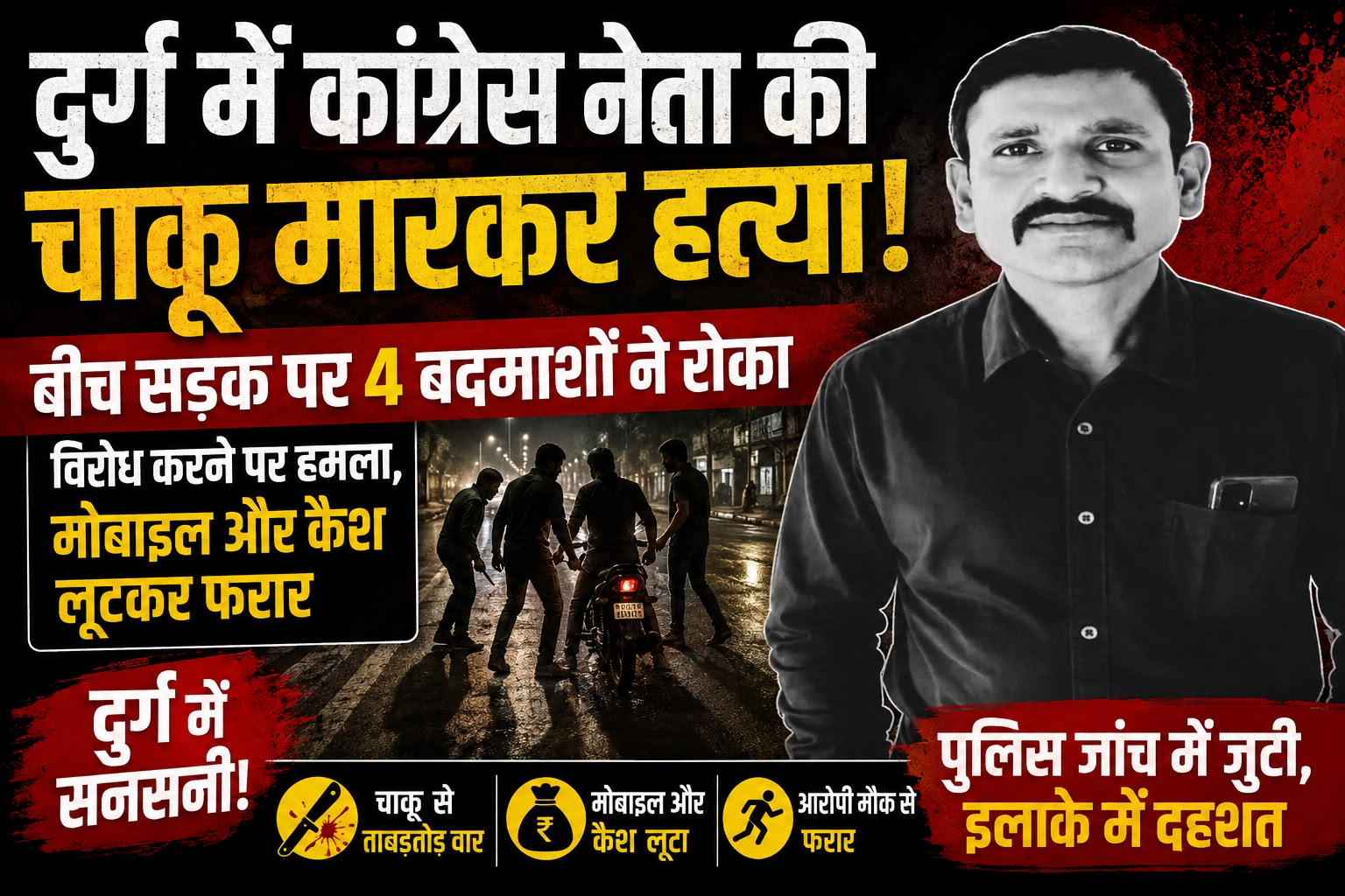 दुर्ग में कांग्रेस नेता की चाकू मारकर हत्या: बीच सड़क पर 4 बदमाशों ने रोका, विरोध करने पर हमला, मोबाइल और कैश लूटकर फरार