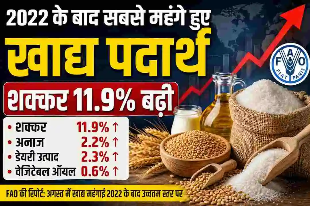 FAO की रिपोर्ट के मुताबिक अगस्त में वैश्विक खाद्य महंगाई 2022 के बाद उच्चतम स्तर पर पहुंची। युद्ध और खराब मौसम से शक्कर 11.9% और अनाज 2.2% महंगे हुए।