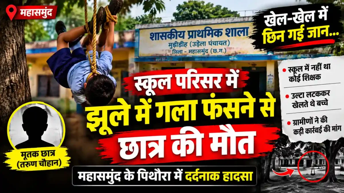 छत्तीसगढ़ के महासमुंद में स्कूल परिसर में झूला झूलते वक्त बड़ा हादसा। चौथी के छात्र के गले में रस्सी फंसी, मौत। जानें कैसे हुई घटना और पुलिस-प्रशासन की कार्रवाई।