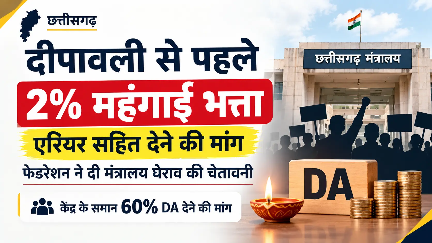 कर्मचारी-अधिकारी फेडरेशन ने दीपावली से पहले 2 प्रतिशत महंगाई भत्ता एरियर सहित देने की मांग की।
