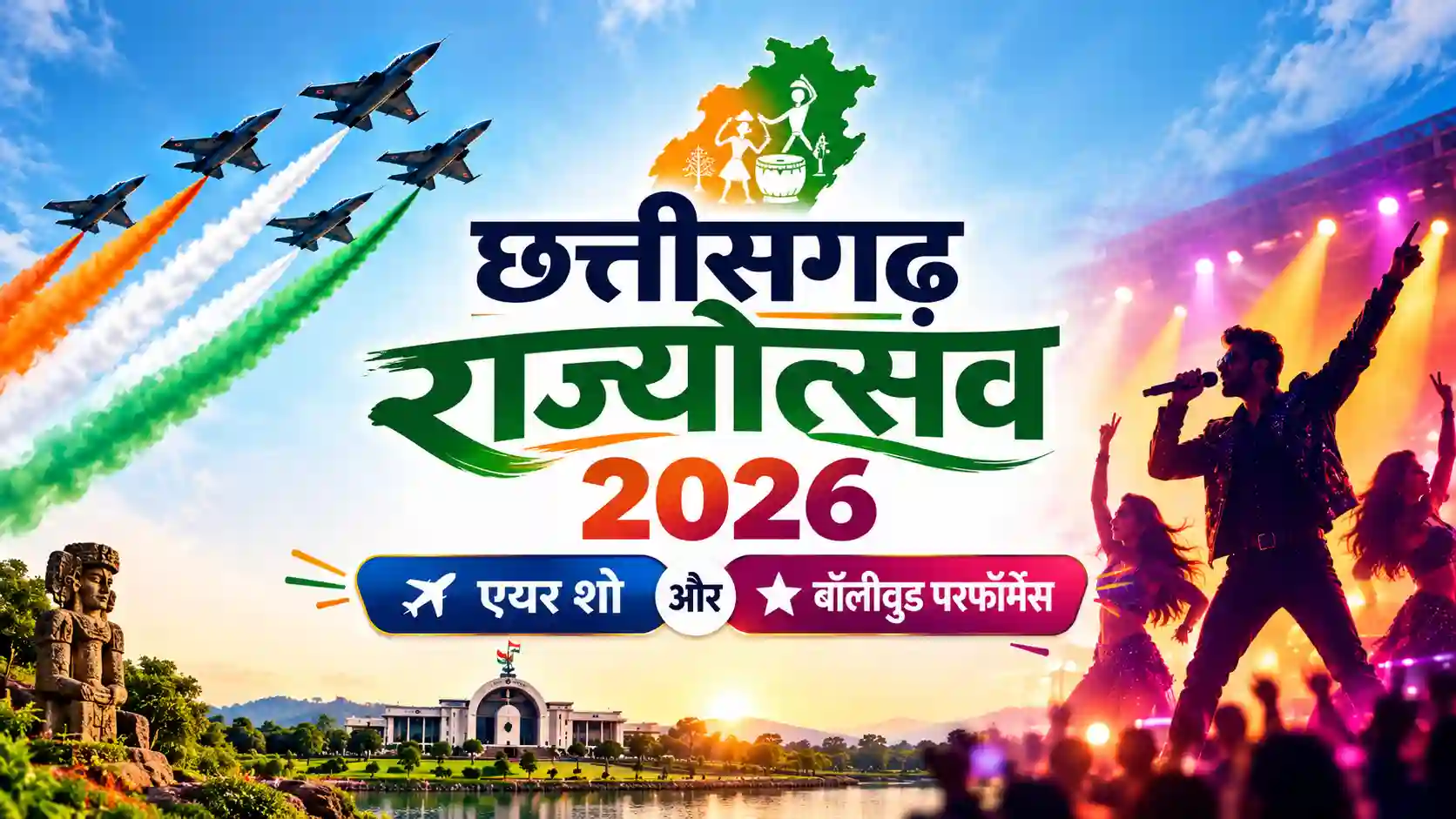 छत्तीसगढ़ राज्योत्सव 2026: 1 से 3 नवंबर तक नवा रायपुर में तीन दिवसीय महाउत्सव। इस बार सारंग-सूर्यकिरण एयर शो, बॉलीवुड सिंगर्स की होगी परफॉर्मेंस ।